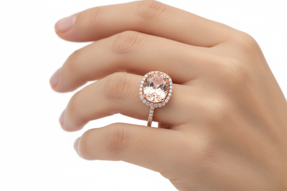 Ring with a pink gemstone on a hand against a white background